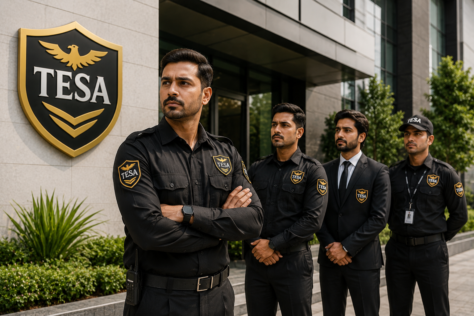 Security service illustration showing trusted protection and facility management with a badge reading 16 plus years of experience